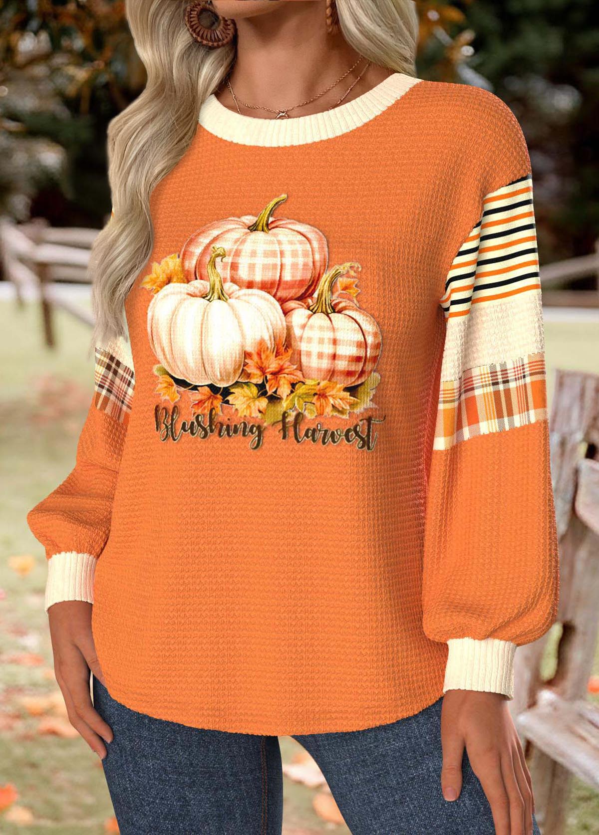 Halloween Neon Orange Tummy Coverage Pumpkin Print Sweatshirt | picture 