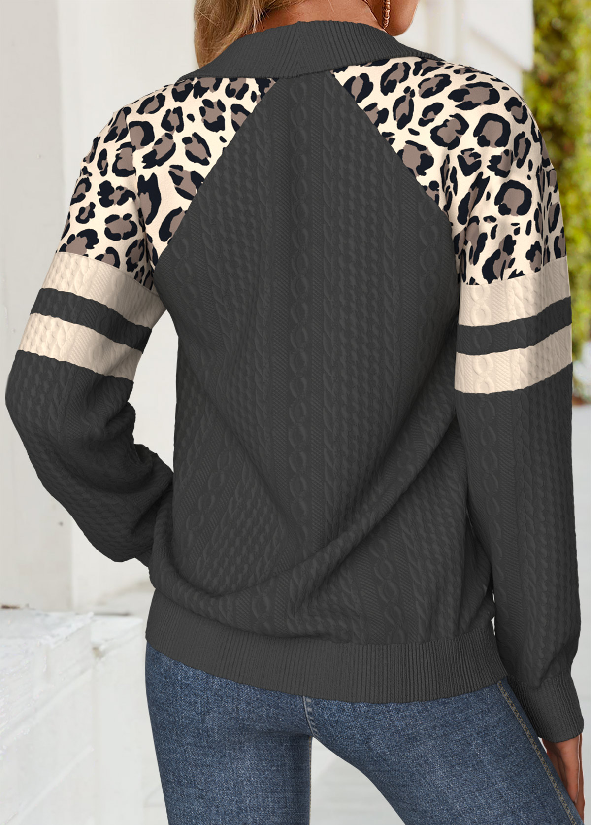 Dark Grey Tummy Coverage Leopard Long Sleeve Sweatshirt | picture 