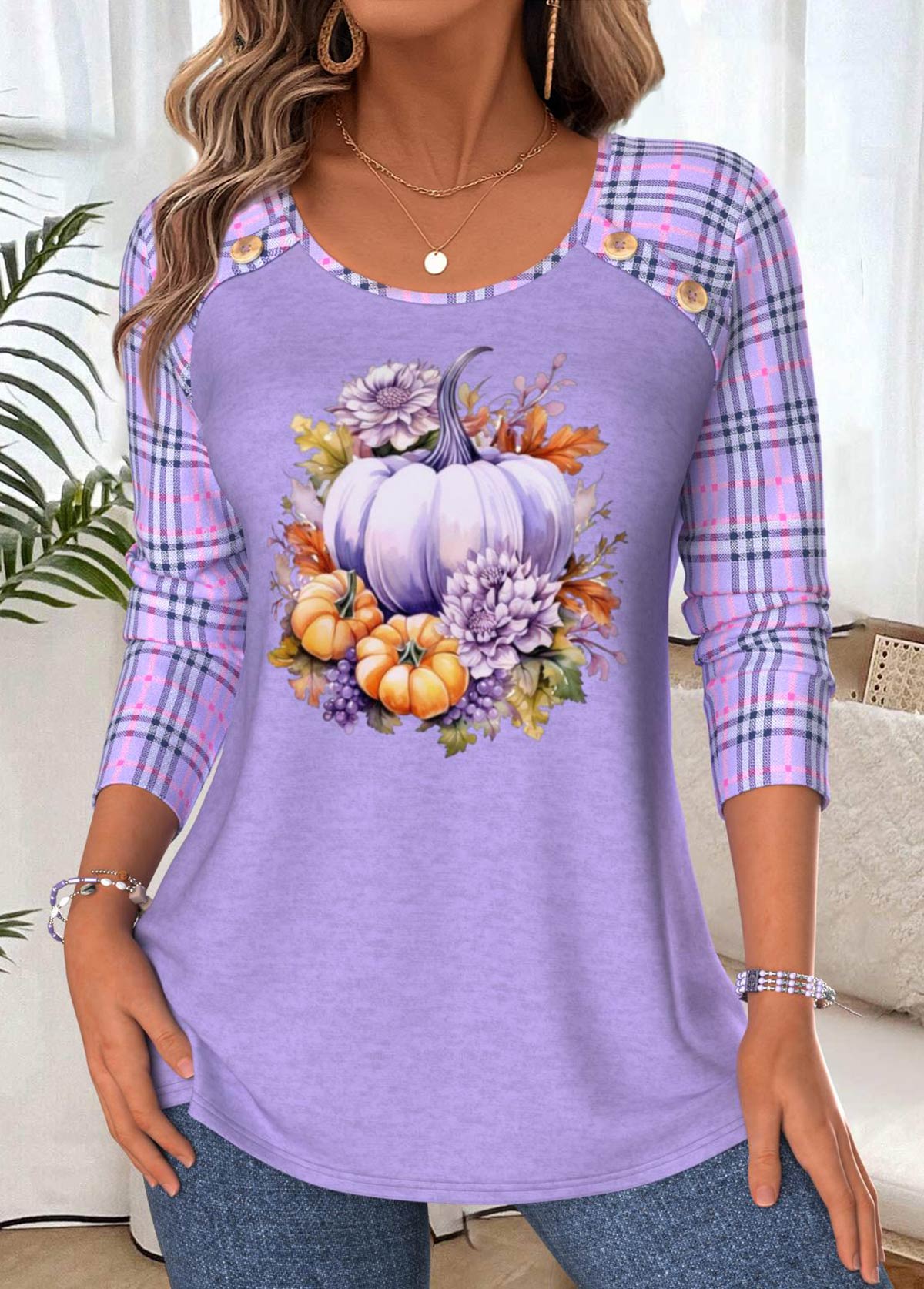 Halloween Light Purple Tummy Coverage Pumpkin Print T Shirt | picture 
