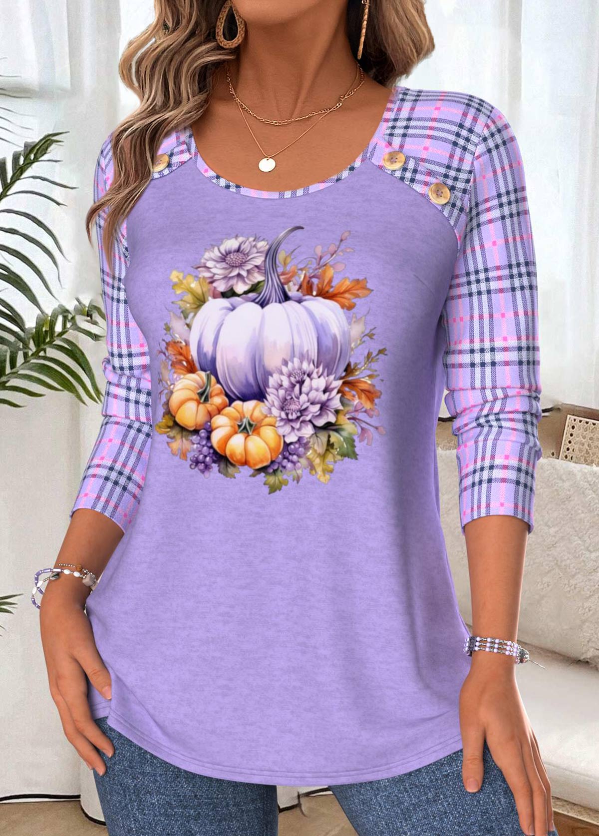 Halloween Light Purple Tummy Coverage Pumpkin Print T Shirt | picture 