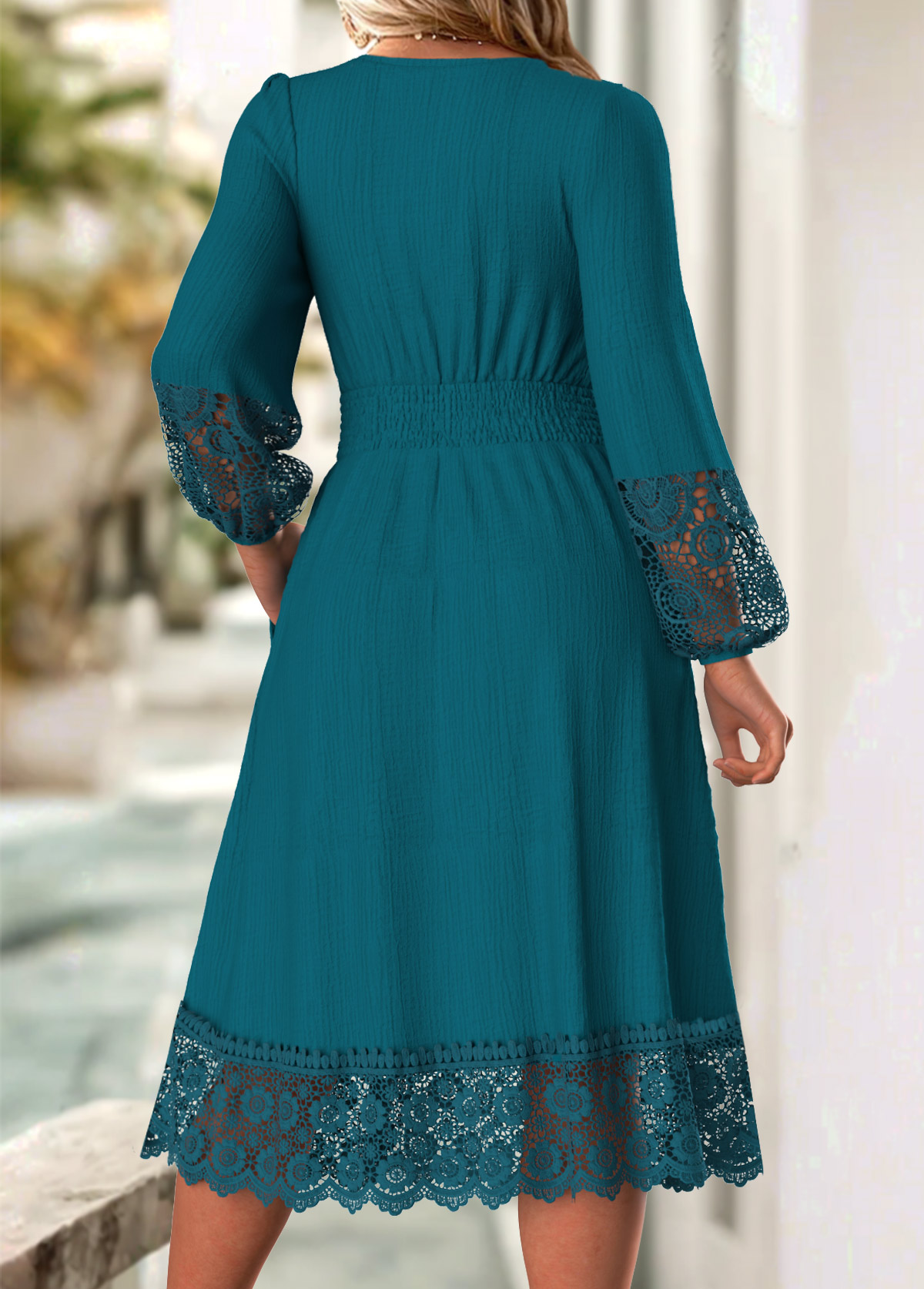 Peacock Blue Tummy Coverage Long Sleeve V Neck Dress | modlily.com ...