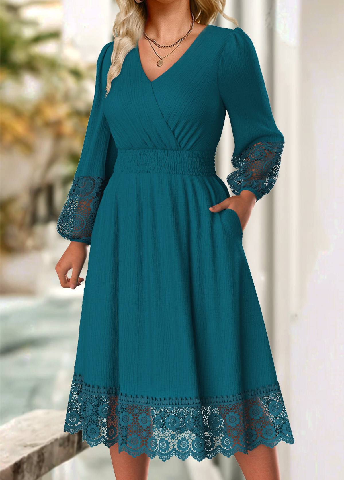 Peacock Blue Tummy Coverage Long Sleeve V Neck Dress | modlily.com ...