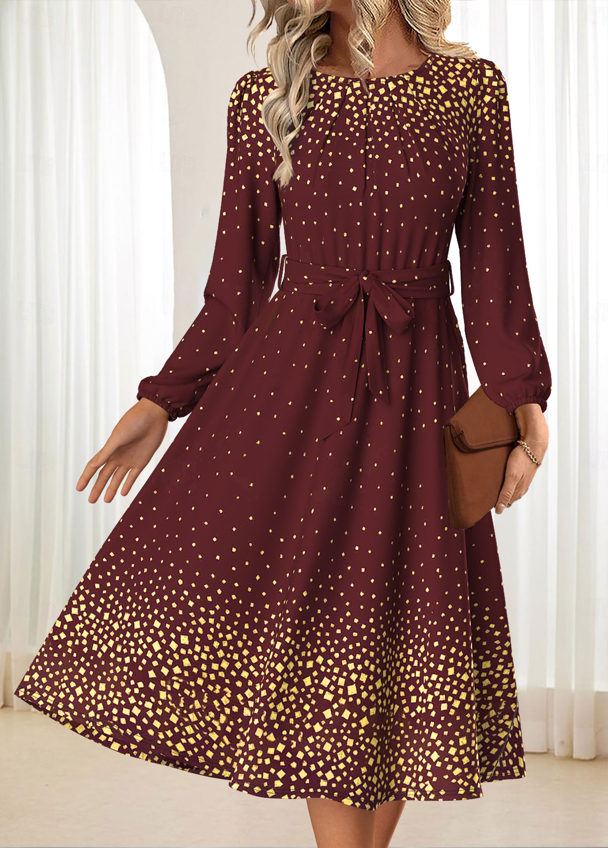 Deep Red Tummy Coverage Ombre Belted Long Sleeve Dress | picture 