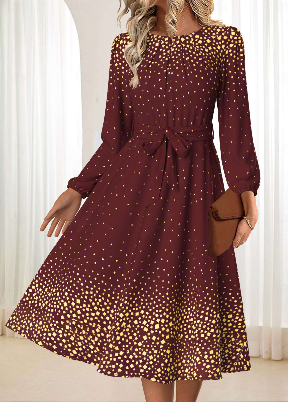 Deep Red Tummy Coverage Ombre Belted Long Sleeve Dress | picture 