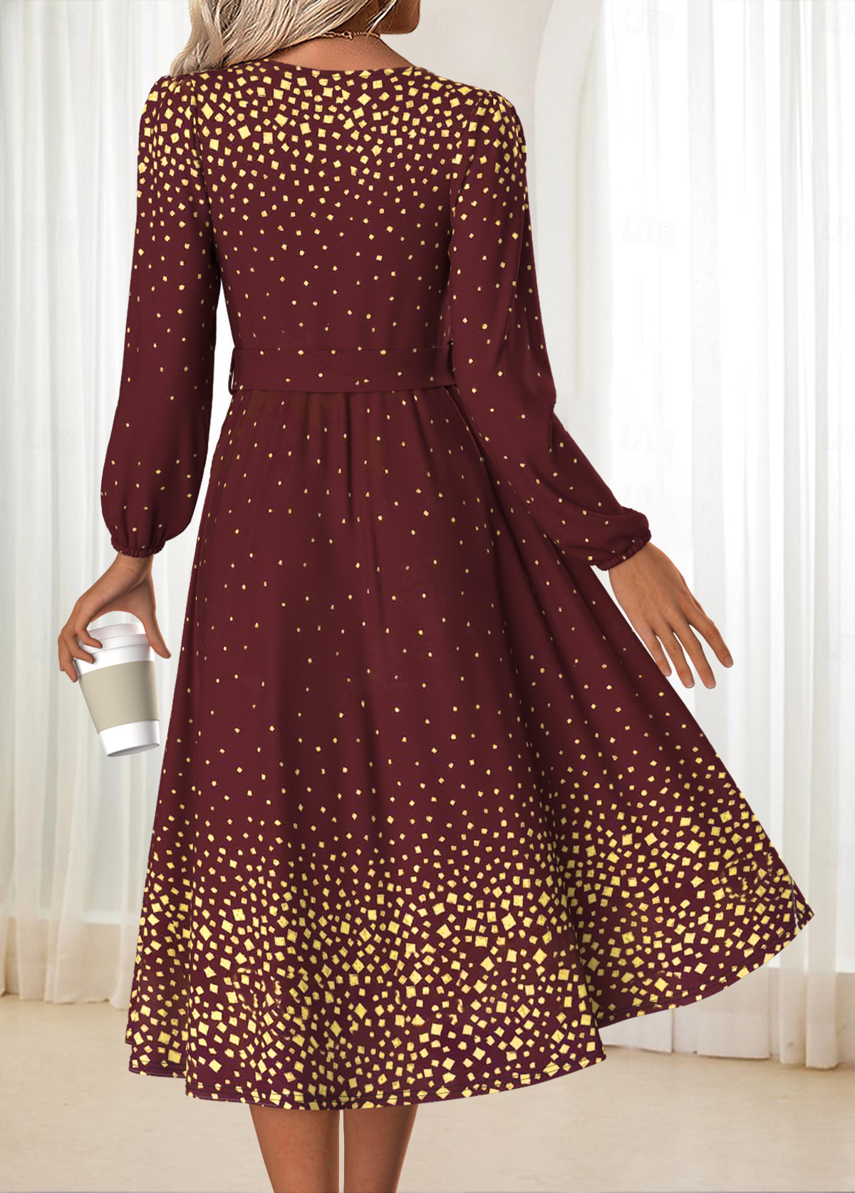 Deep Red Tummy Coverage Ombre Belted Long Sleeve Dress | picture 