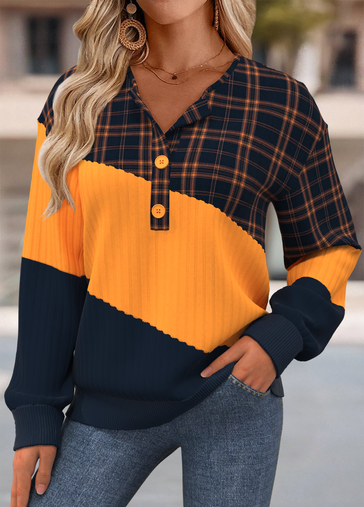 Multi Color Tummy Coverage Plaid Long Sleeve Sweatshirt | picture 