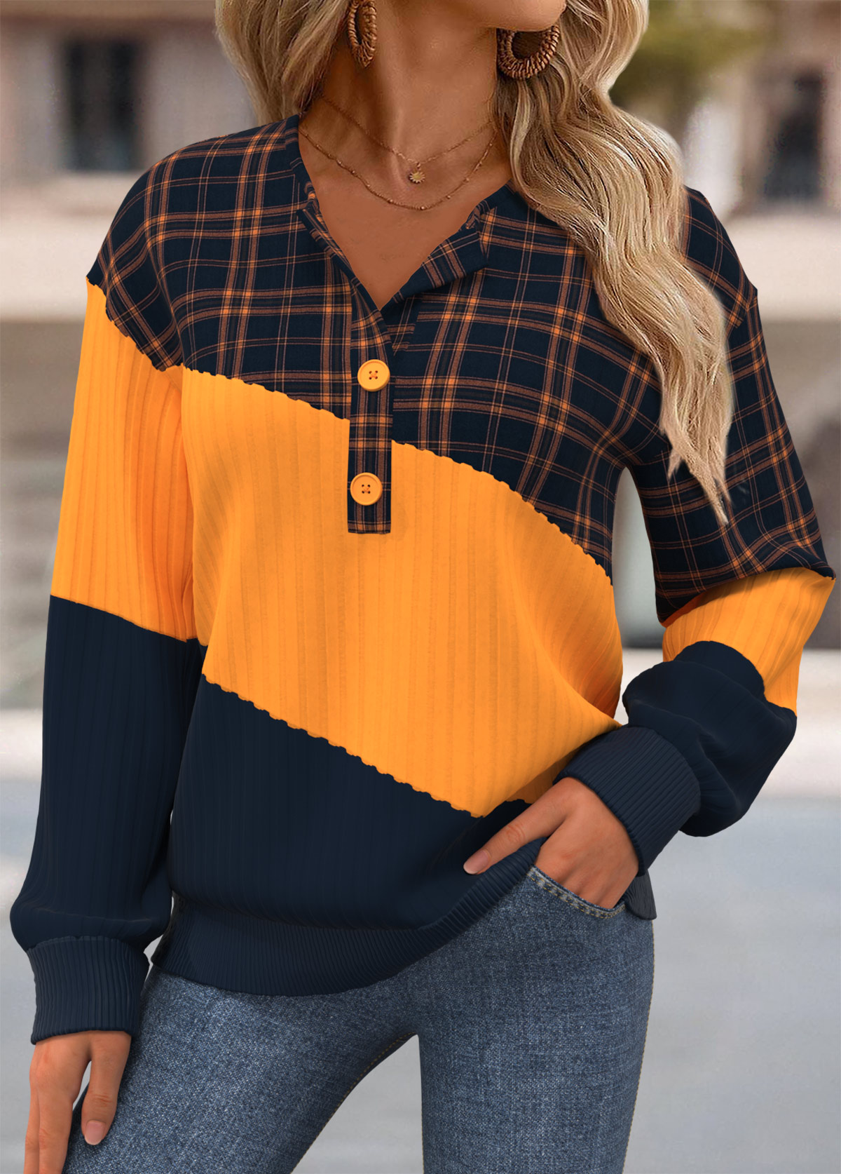 Multi Color Tummy Coverage Plaid Long Sleeve Sweatshirt | picture 