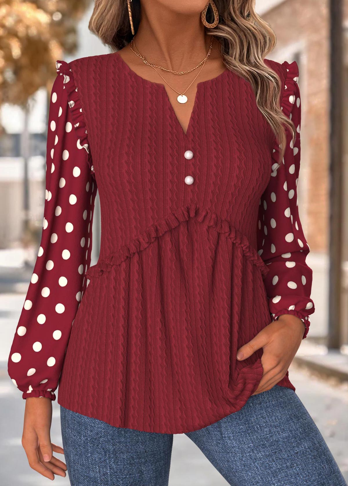 Deep Red Tummy Coverage Geometric Print Long Sleeve Blouse | picture 
