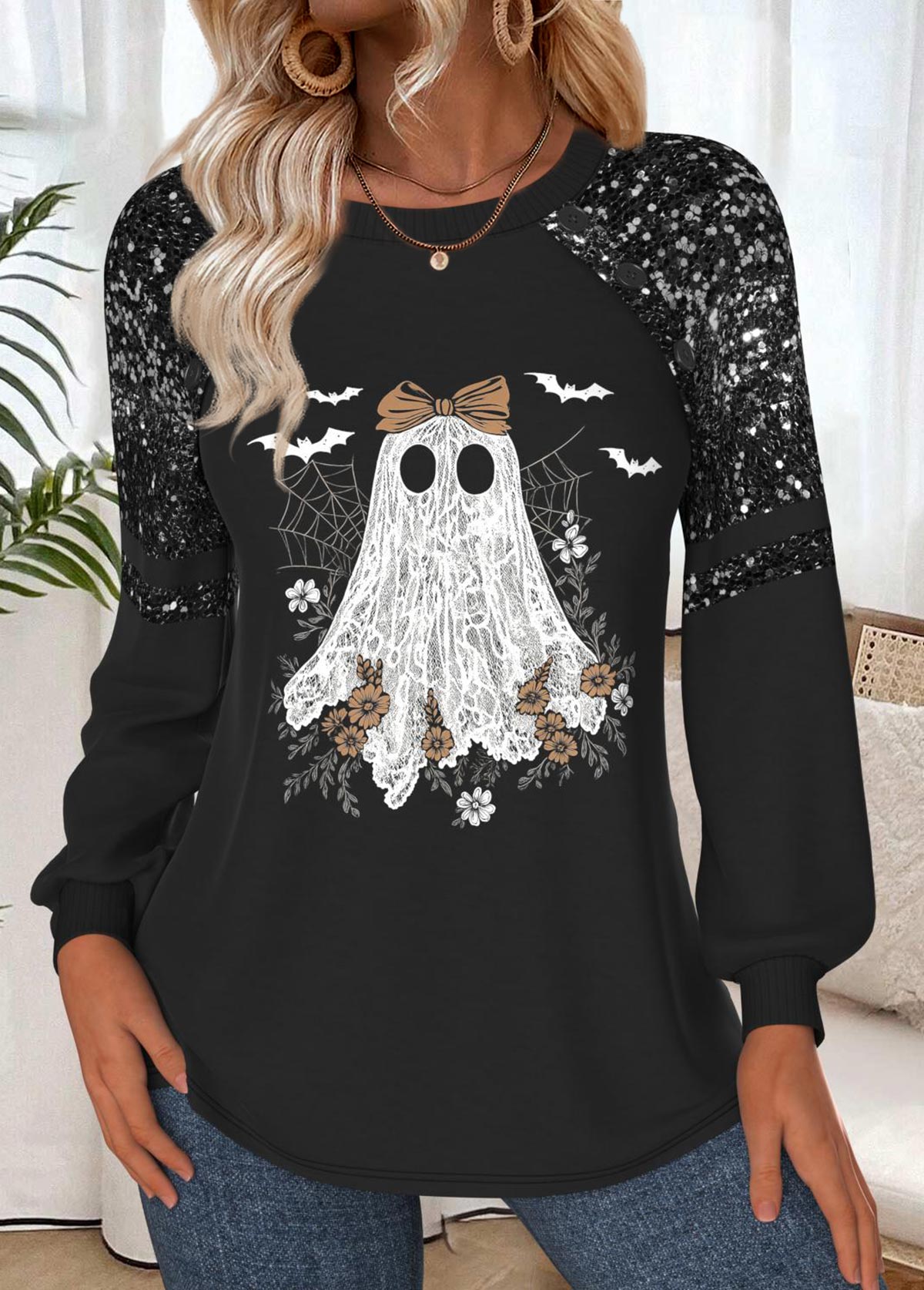 Halloween Black Tummy Coverage Long Sleeve Round Neck Sweatshirt | picture 