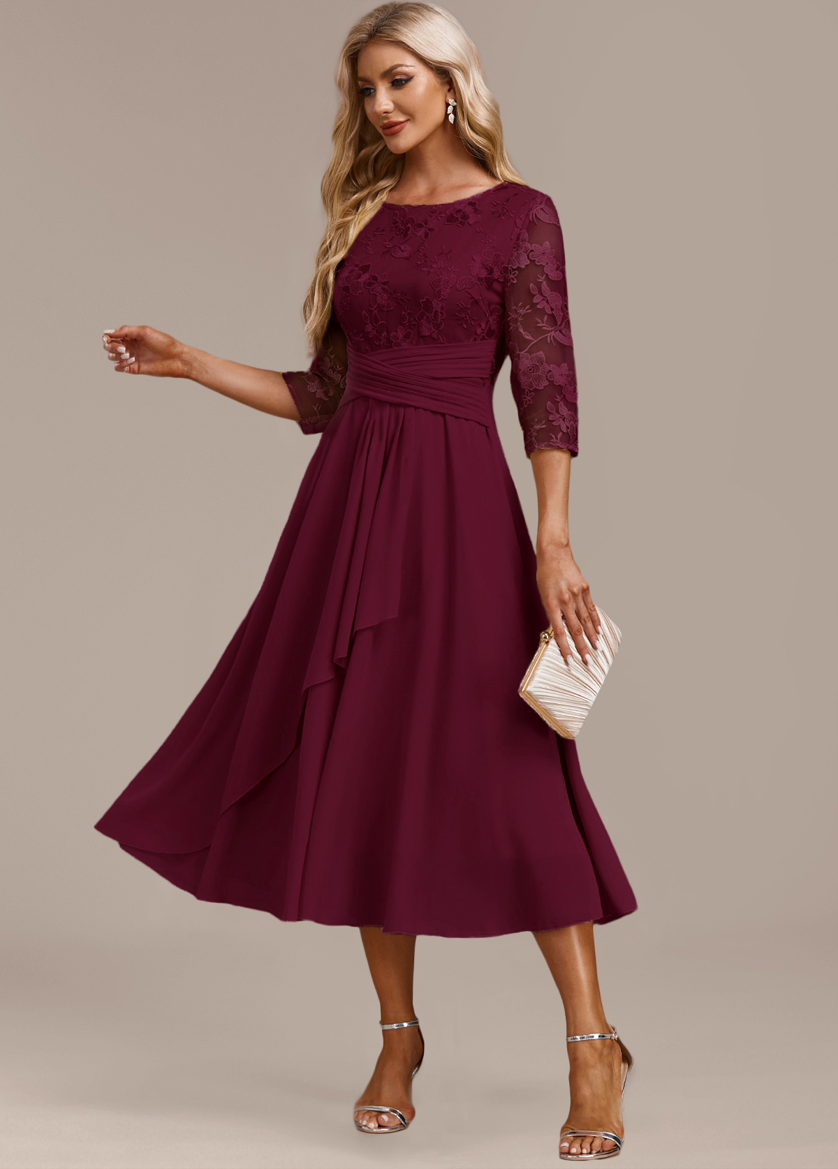 Wine Red Embroidery 3/4 Sleeve Round Neck Dress | picture 