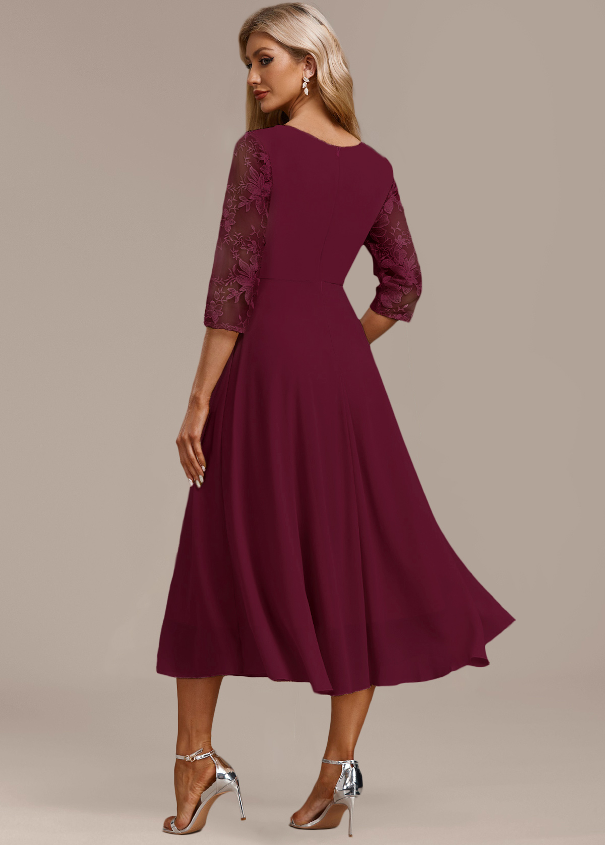 Wine Red Embroidery 3/4 Sleeve Round Neck Dress | picture 