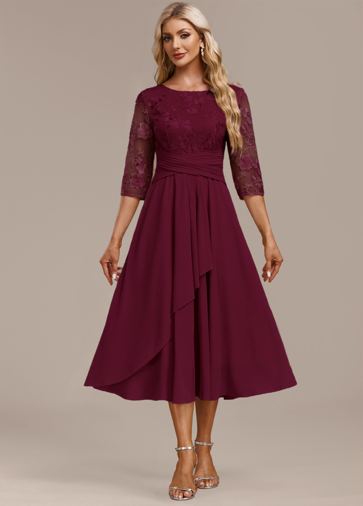 Wine Red Embroidery 3/4 Sleeve Round Neck Dress | picture 