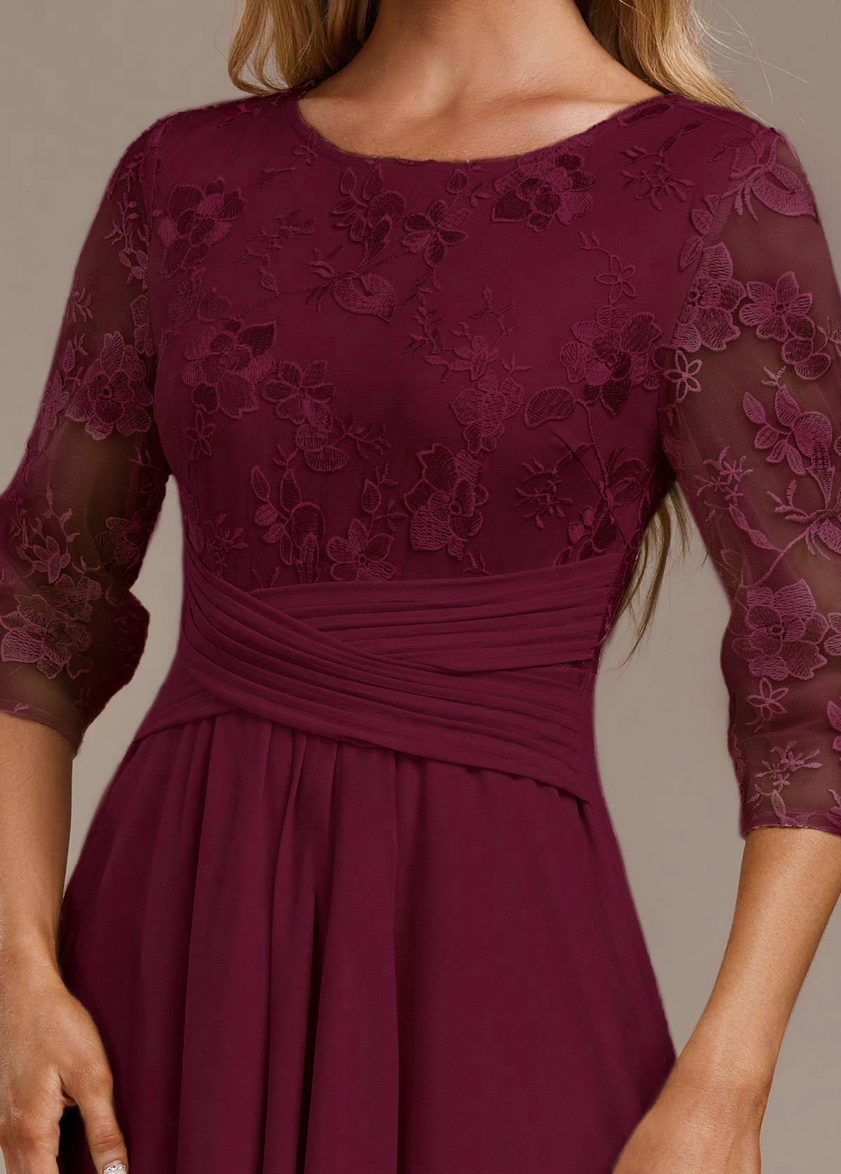 Wine Red Embroidery 3/4 Sleeve Round Neck Dress | picture 