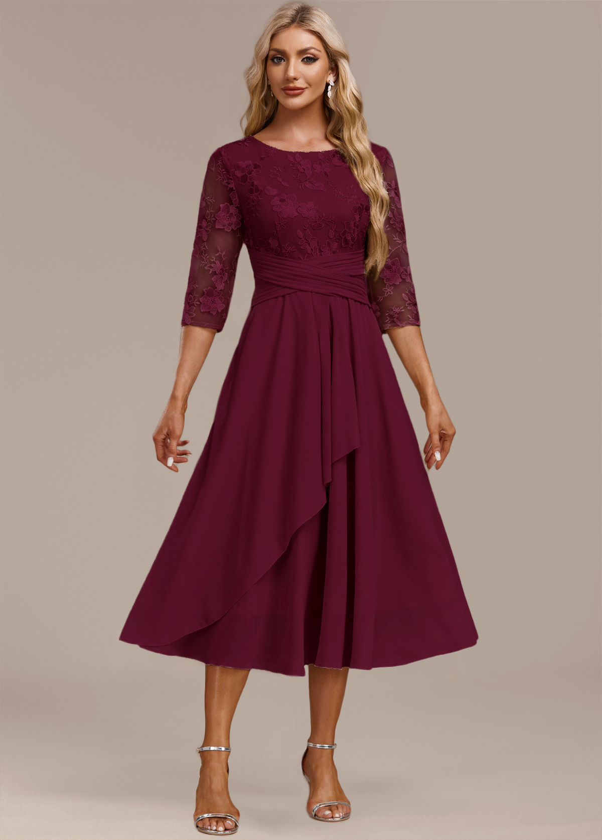 Wine Red Embroidery 3/4 Sleeve Round Neck Dress | picture 