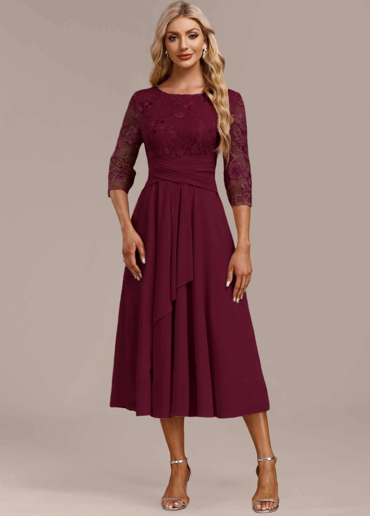 Wine Red Embroidery 3/4 Sleeve Round Neck Dress | picture 