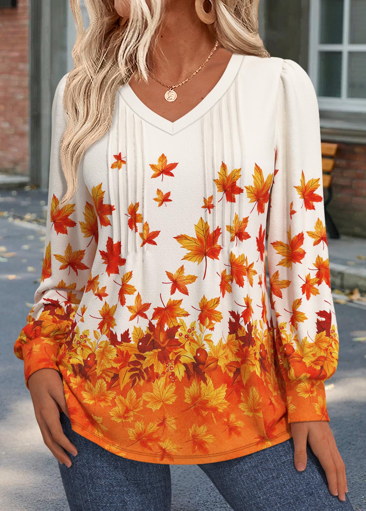 Orange Tuck Stitch Leaf Print Long Sleeve T Shirt | picture 