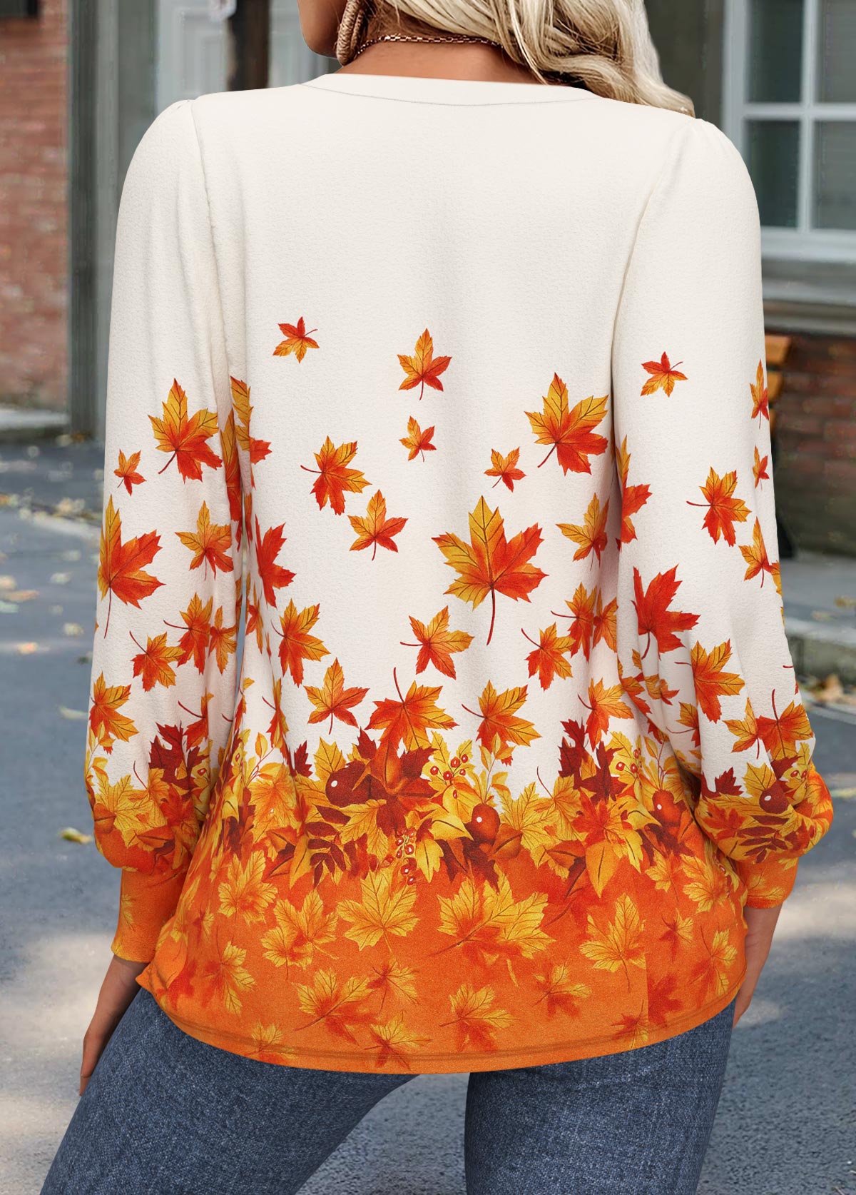 Orange Tuck Stitch Leaf Print Long Sleeve T Shirt | picture 