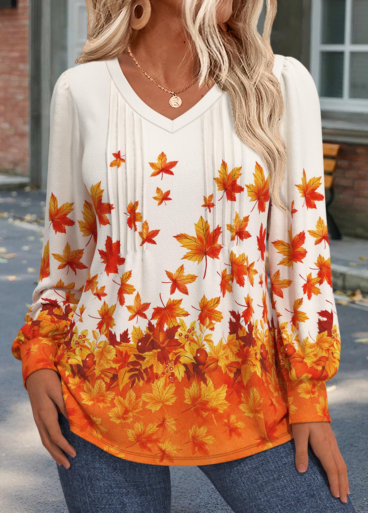 Orange Tuck Stitch Leaf Print Long Sleeve T Shirt | picture 