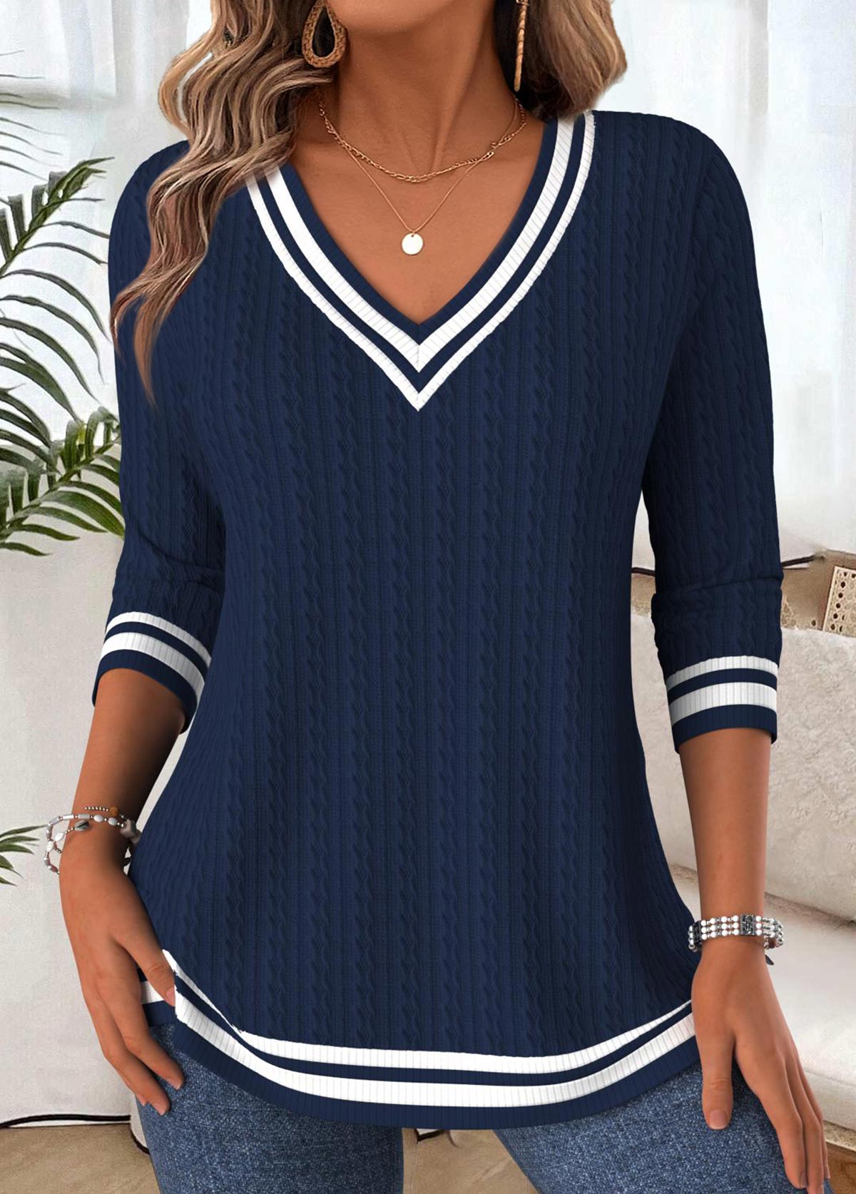 Navy Tummy Coverage Long Sleeve V Neck T Shirt | picture 