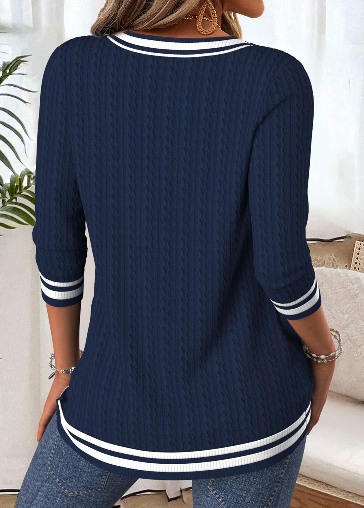 Navy Tummy Coverage Long Sleeve V Neck T Shirt | picture 