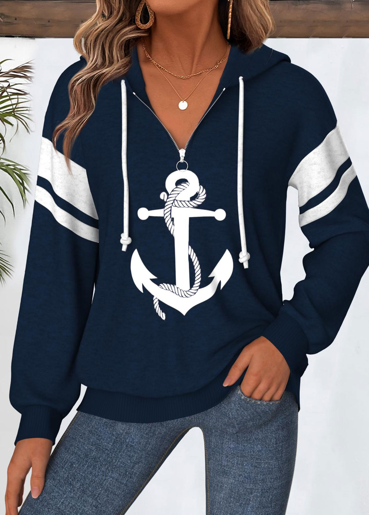 Navy Tummy Coverage Geometric Print Long Sleeve Hoodie | picture 