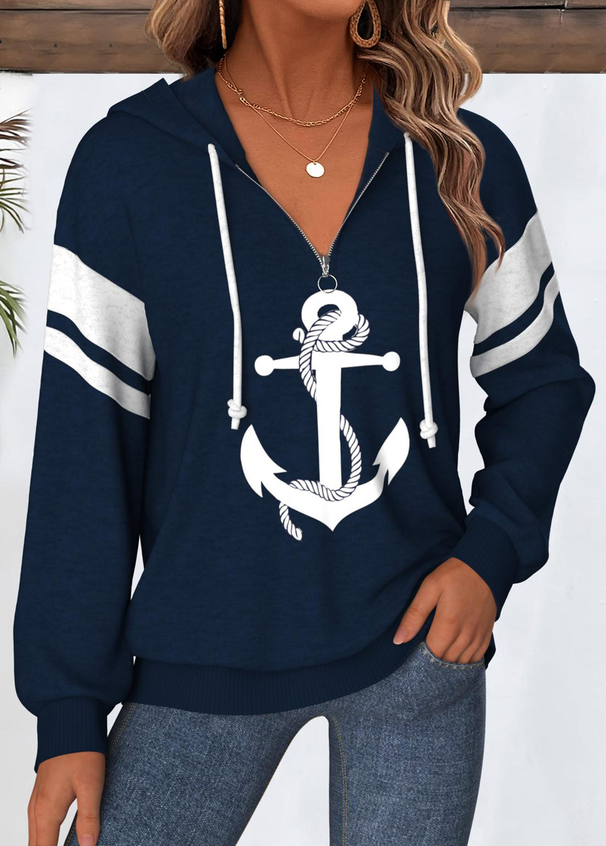 Navy Tummy Coverage Geometric Print Long Sleeve Hoodie | picture 
