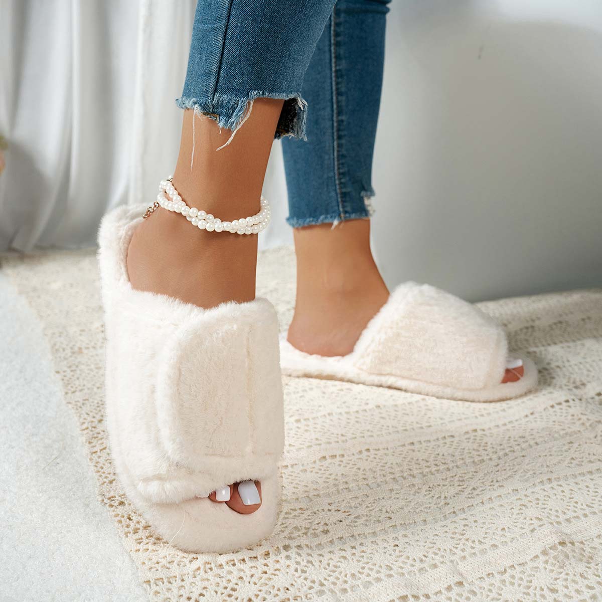 Beige Open Toe Velvet Falt Slippers | picture 