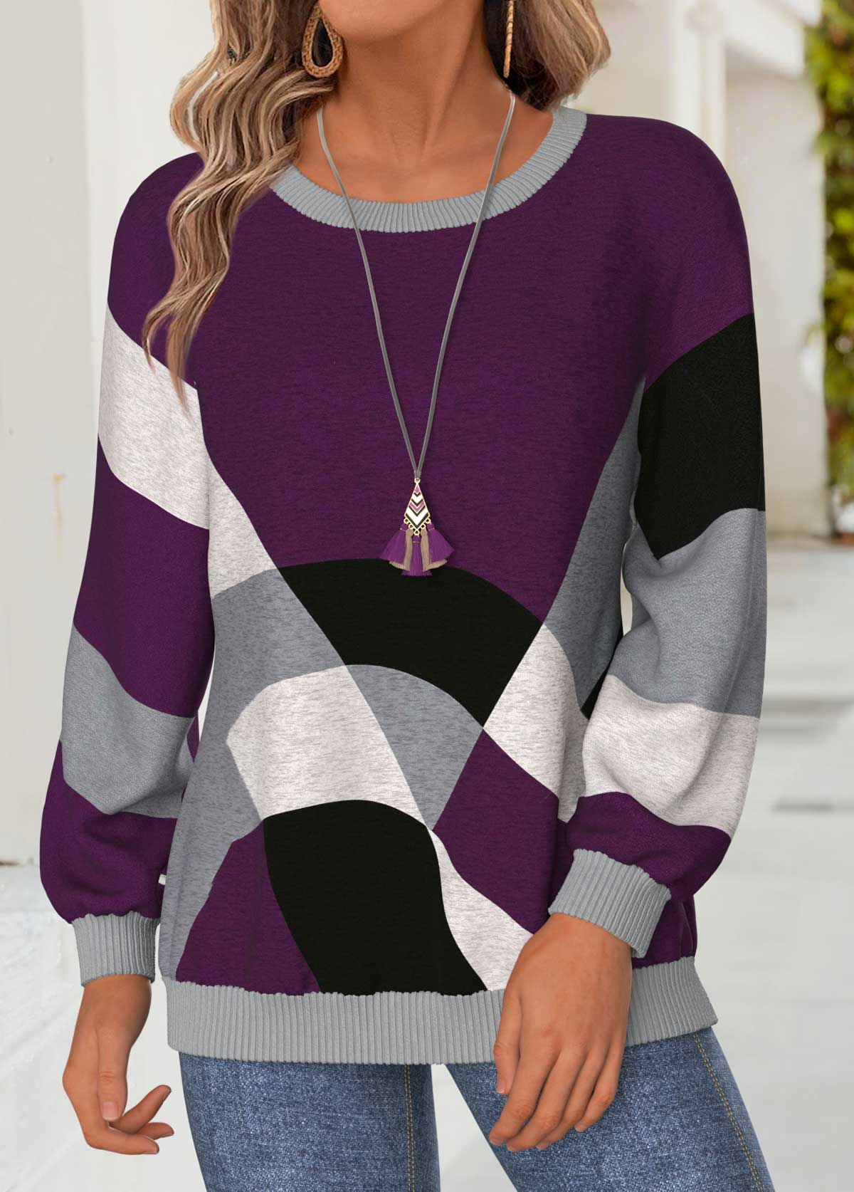 Purple Tummy Coverage Geometric Print Long Sleeve Sweatshirt