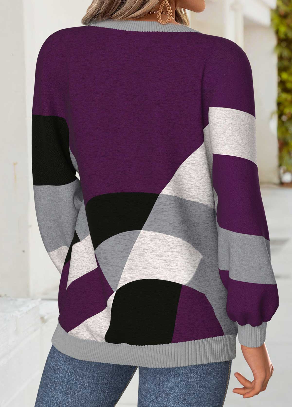 Purple Tummy Coverage Geometric Print Long Sleeve Sweatshirt | picture 