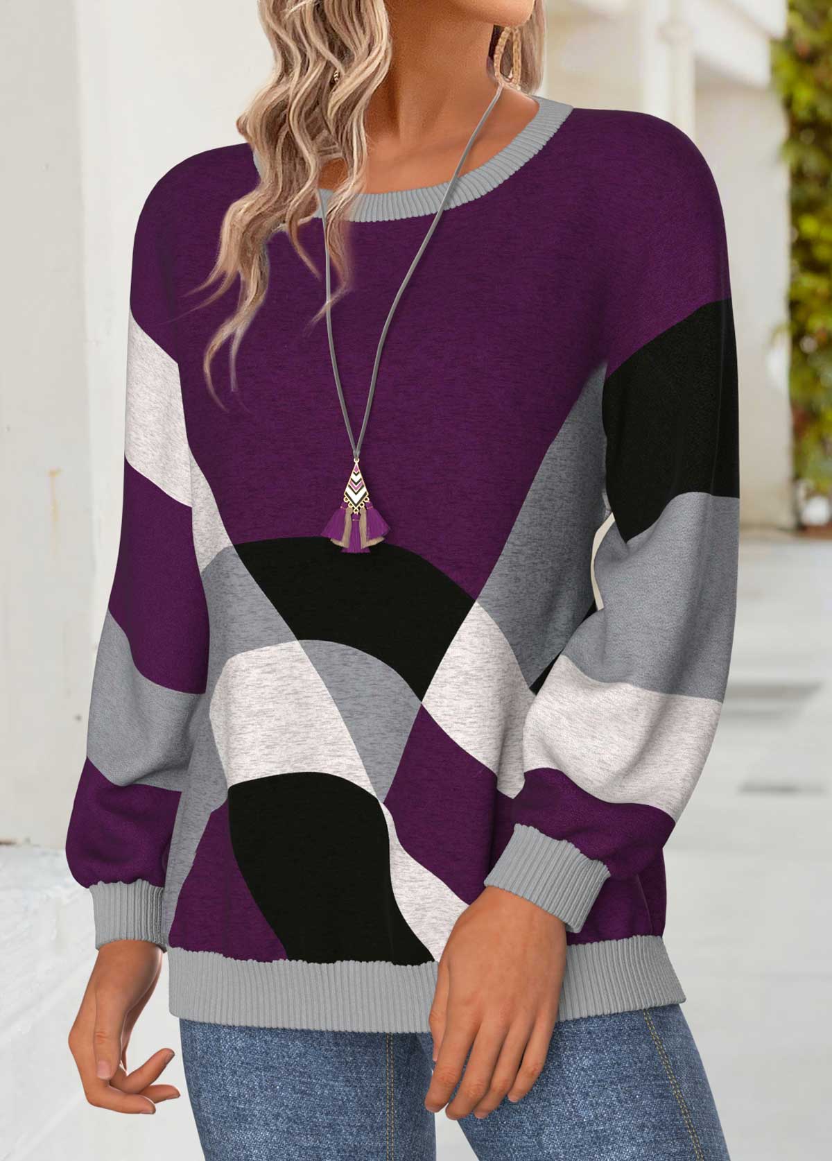 Purple Tummy Coverage Geometric Print Long Sleeve Sweatshirt | picture 
