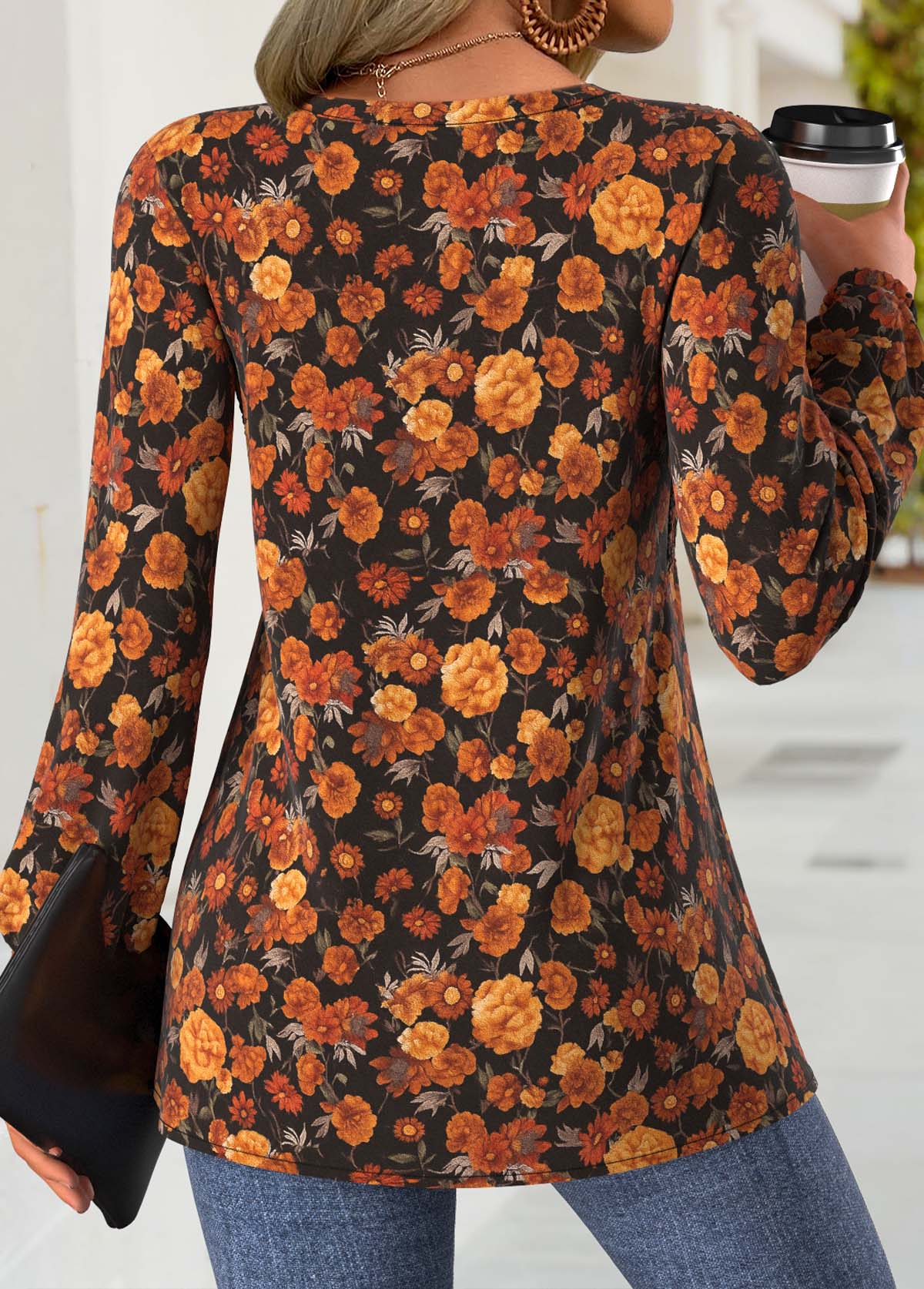 Terracotta Peplum Floral Print Long Sleeve Split Neck Blouse | picture 