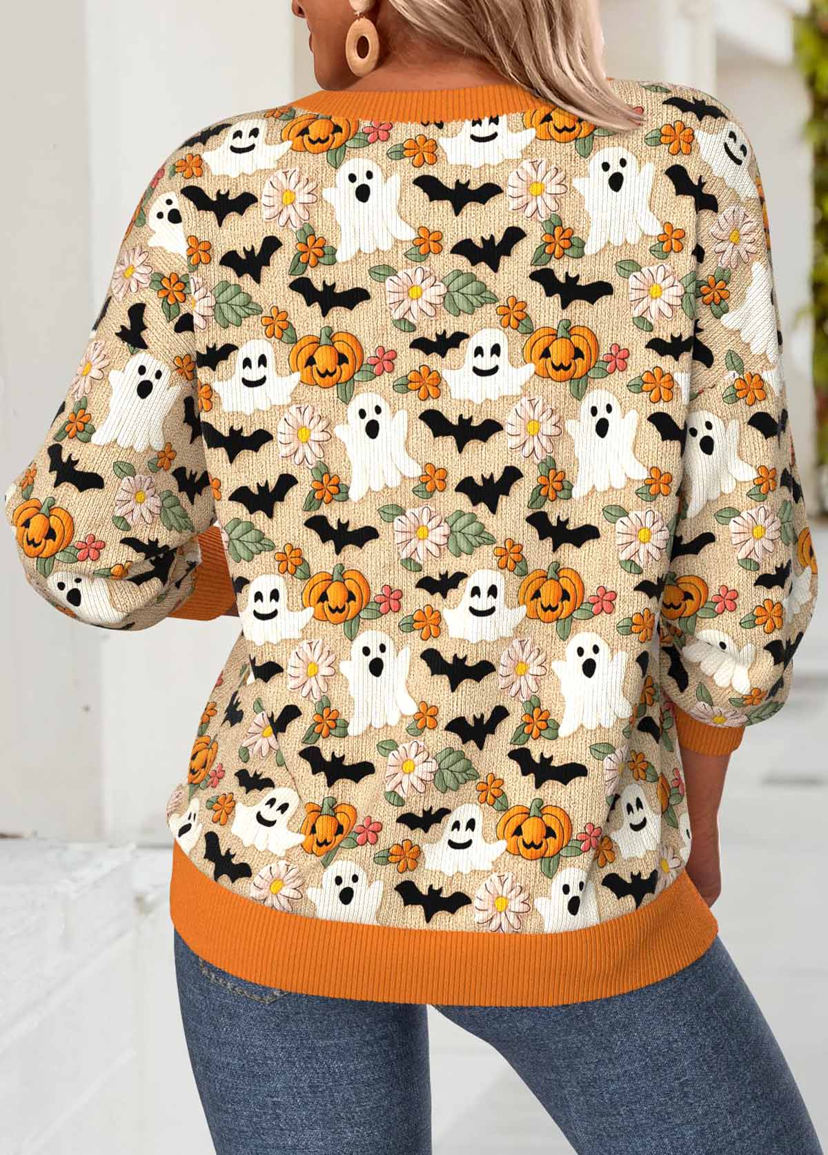 Halloween Orange Tummy Coverage Long Sleeve V Neck Sweatshirt | picture 