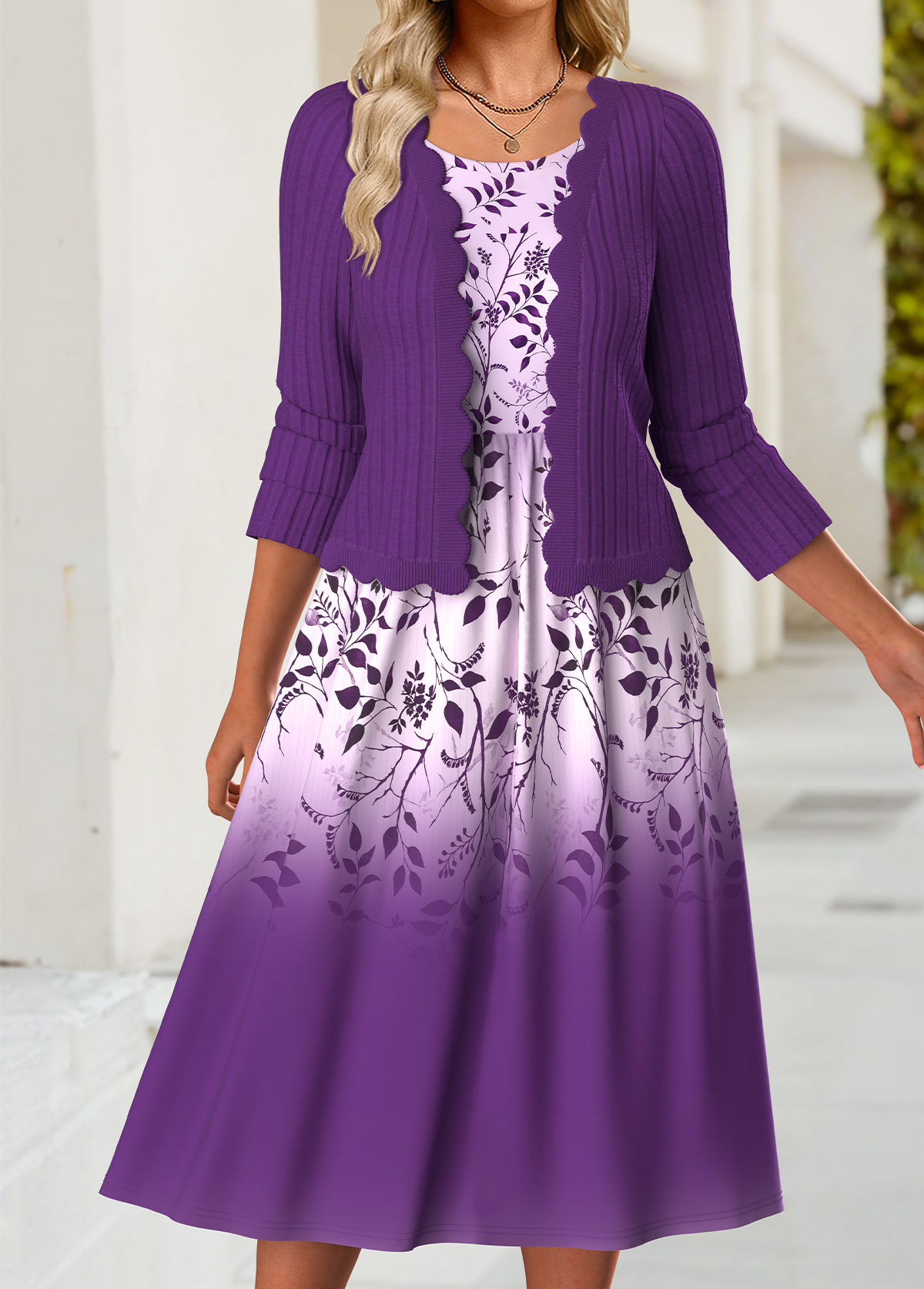 Purple Tummy Coverage Floral Print Dress and Cardigan | picture 