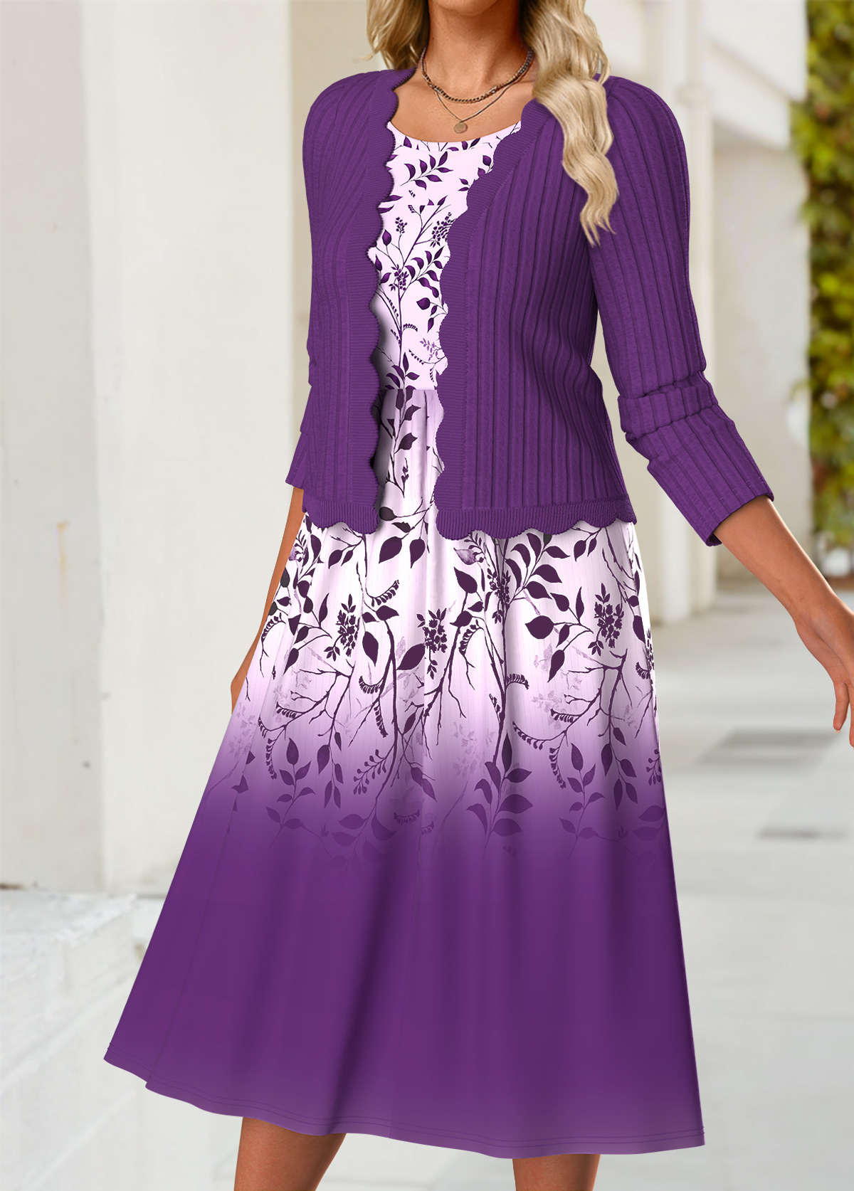 Purple Tummy Coverage Floral Print Dress and Cardigan | picture 