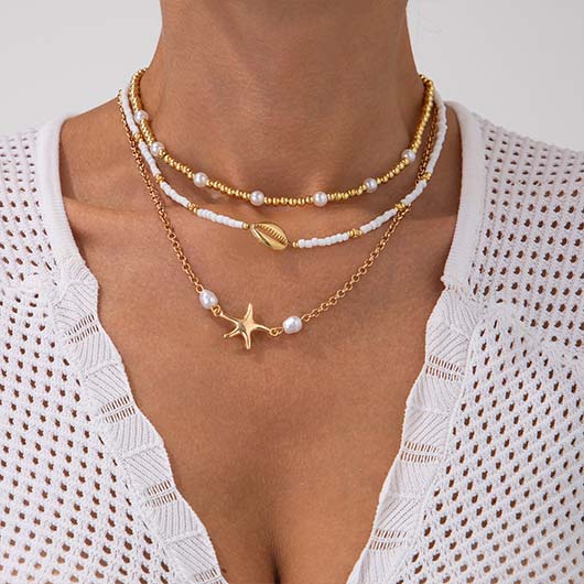 Golden Pearl Shell Alloy Beaded Necklace | picture 