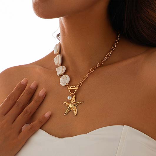 Golden Shell Starfish Design Metal Necklace | picture 