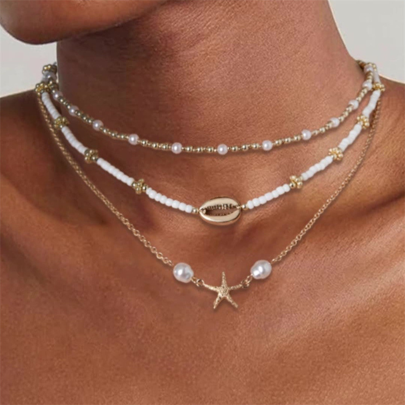 Golden Shell Starfish Alloy Beaded Necklace | picture 