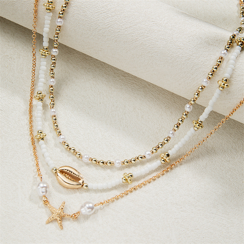 Golden Shell Starfish Alloy Beaded Necklace | picture 
