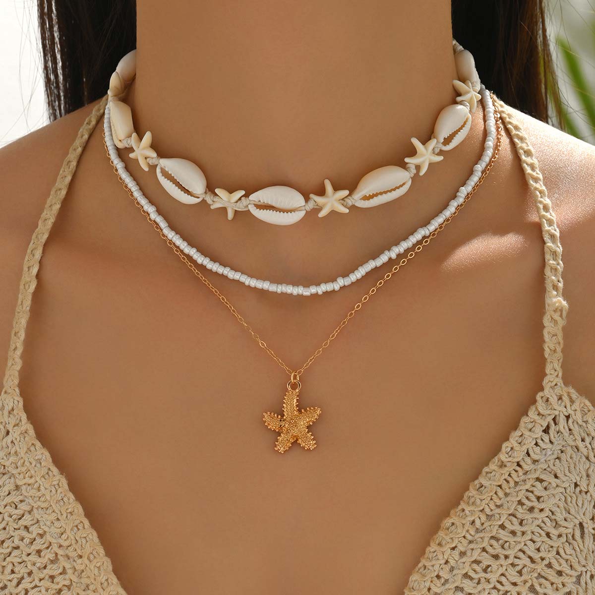 Beige Color Shell Alloy Detail Necklace | picture 