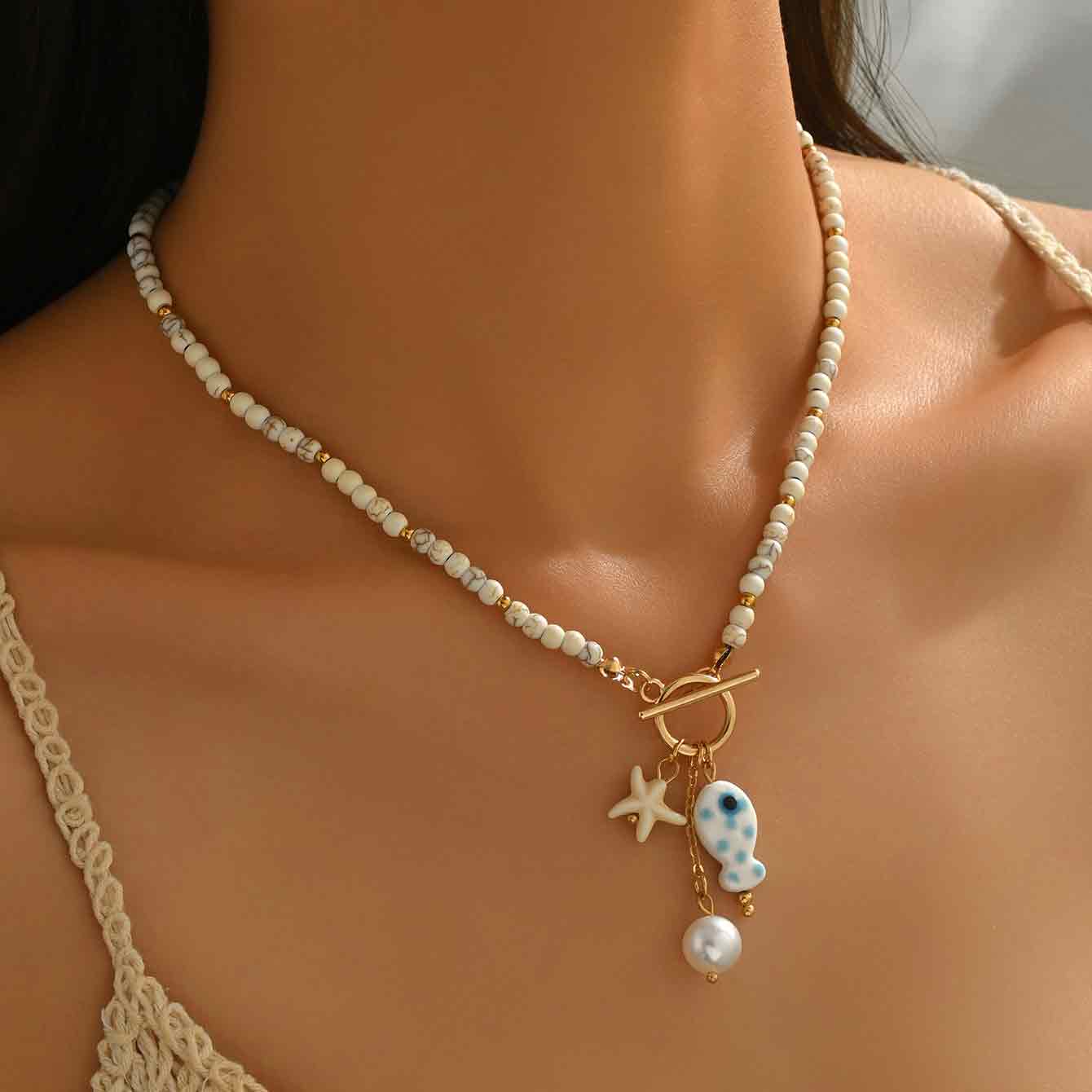 Beige Color Round Glass Detail Necklace | picture 