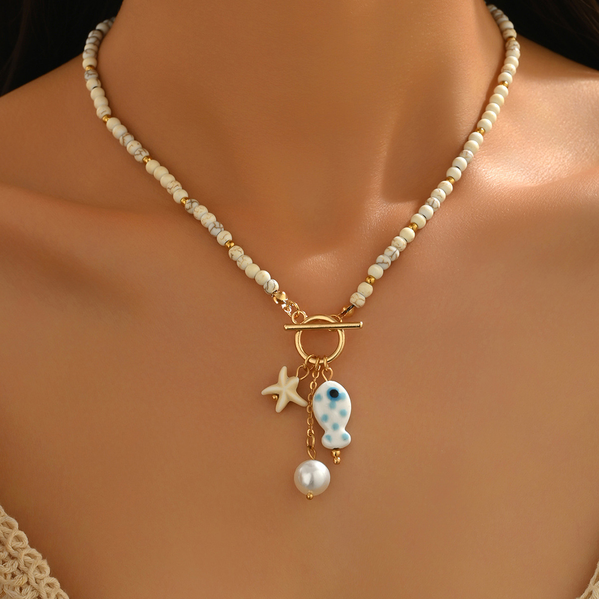 Beige Color Round Glass Detail Necklace | picture 