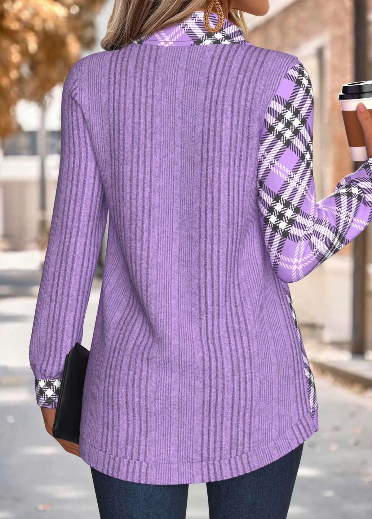 Light Purple Tummy Coverage Plaid Long Sleeve Sweatshirt | picture 