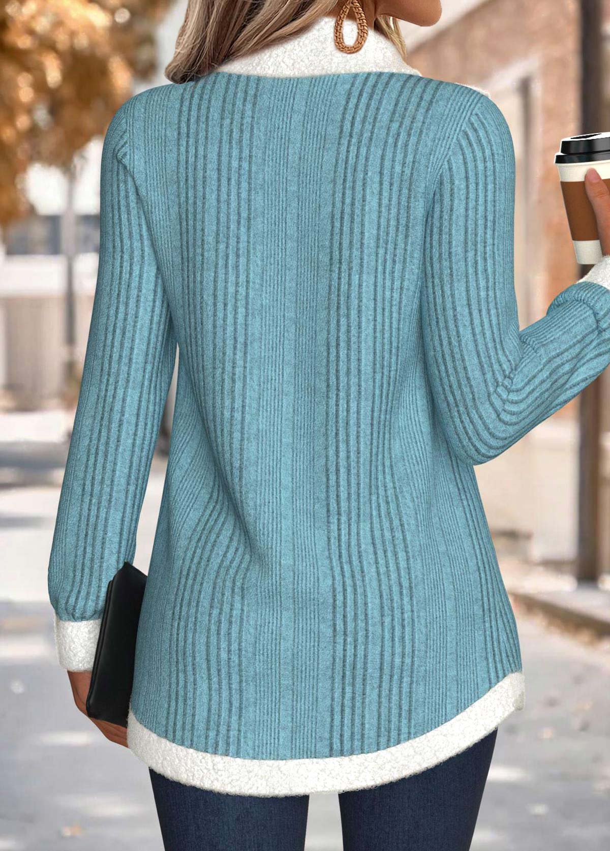 Cyan Tummy Coverage Long Sleeve Cowl Neck Sweatshirt | picture 