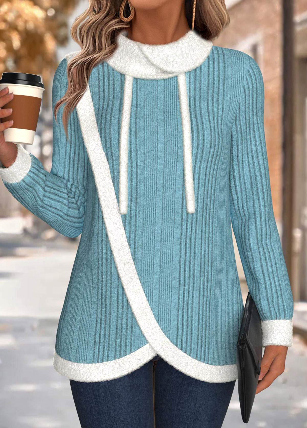Cyan Tummy Coverage Long Sleeve Cowl Neck Sweatshirt | picture 