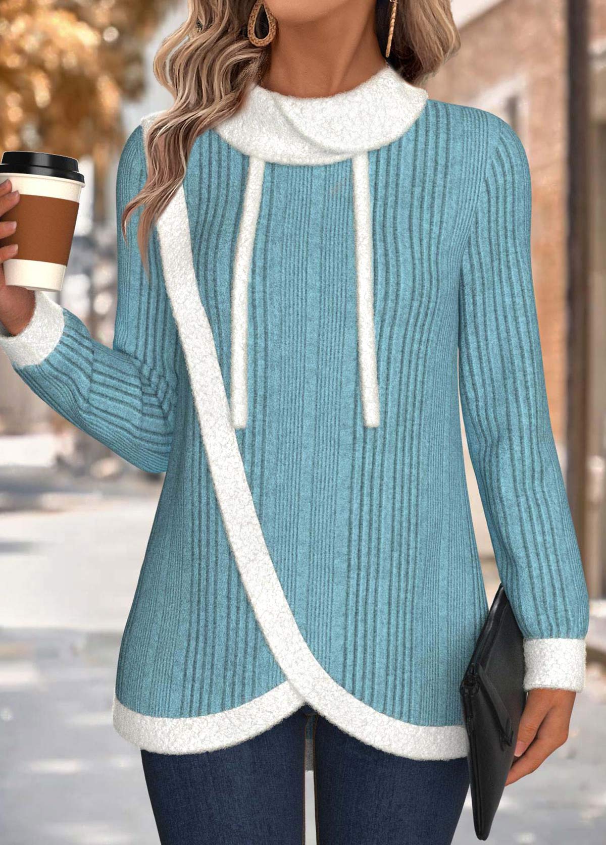 Cyan Tummy Coverage Long Sleeve Cowl Neck Sweatshirt | picture 