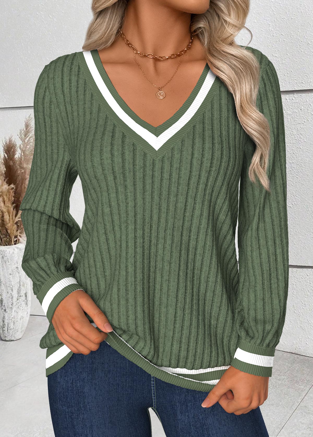 Sage Green Tummy Coverage Striped Long Sleeve T Shirt | picture 