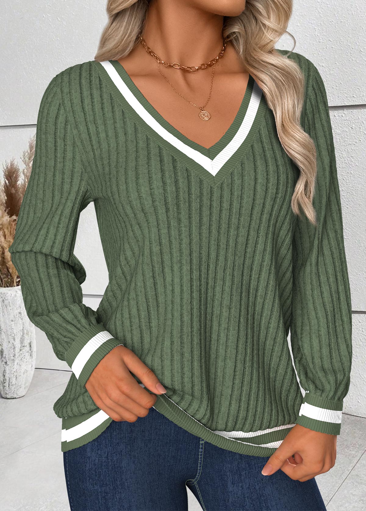 Sage Green Tummy Coverage Striped Long Sleeve T Shirt | picture 