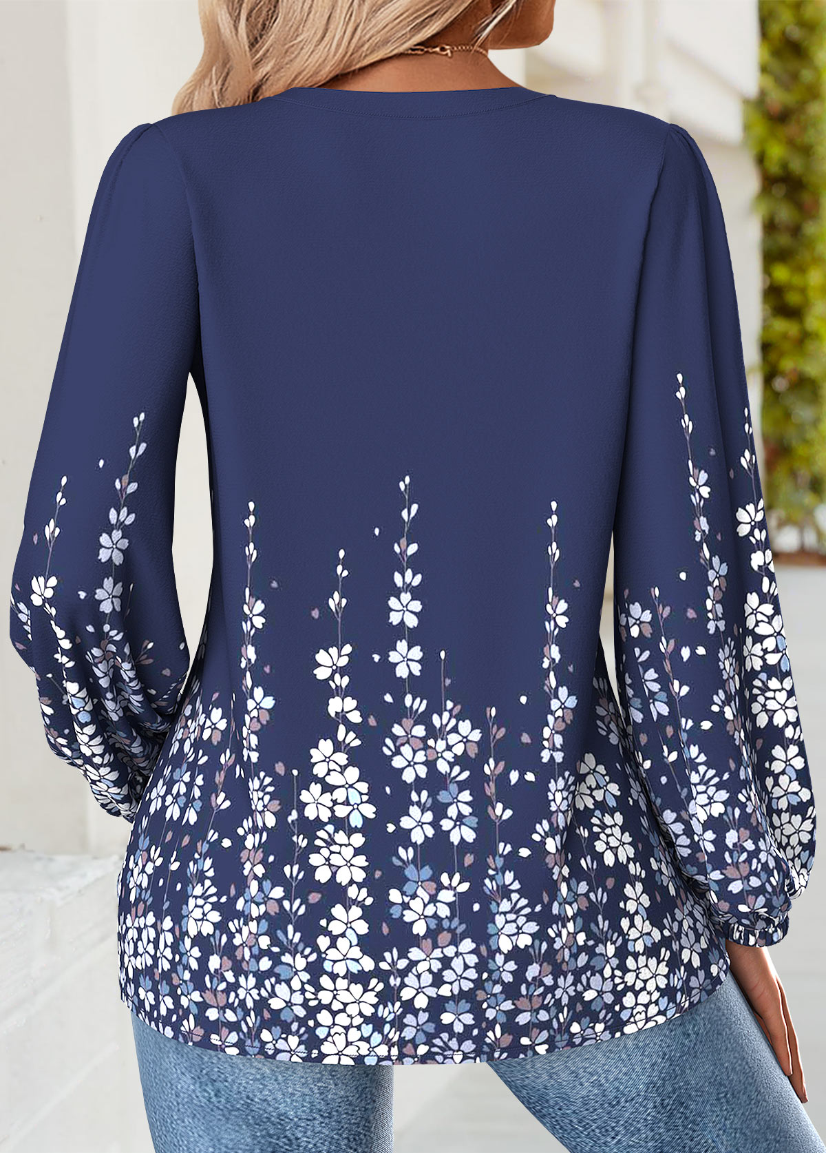Navy Tummy Coverage Floral Print Long Sleeve Blouse | picture 