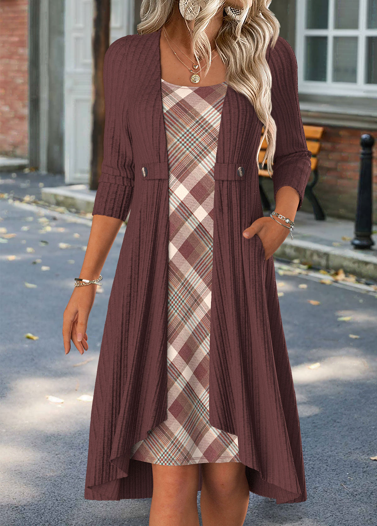 Deep Red Tummy Coverage Plaid Short Long Sleeve Dress | picture 