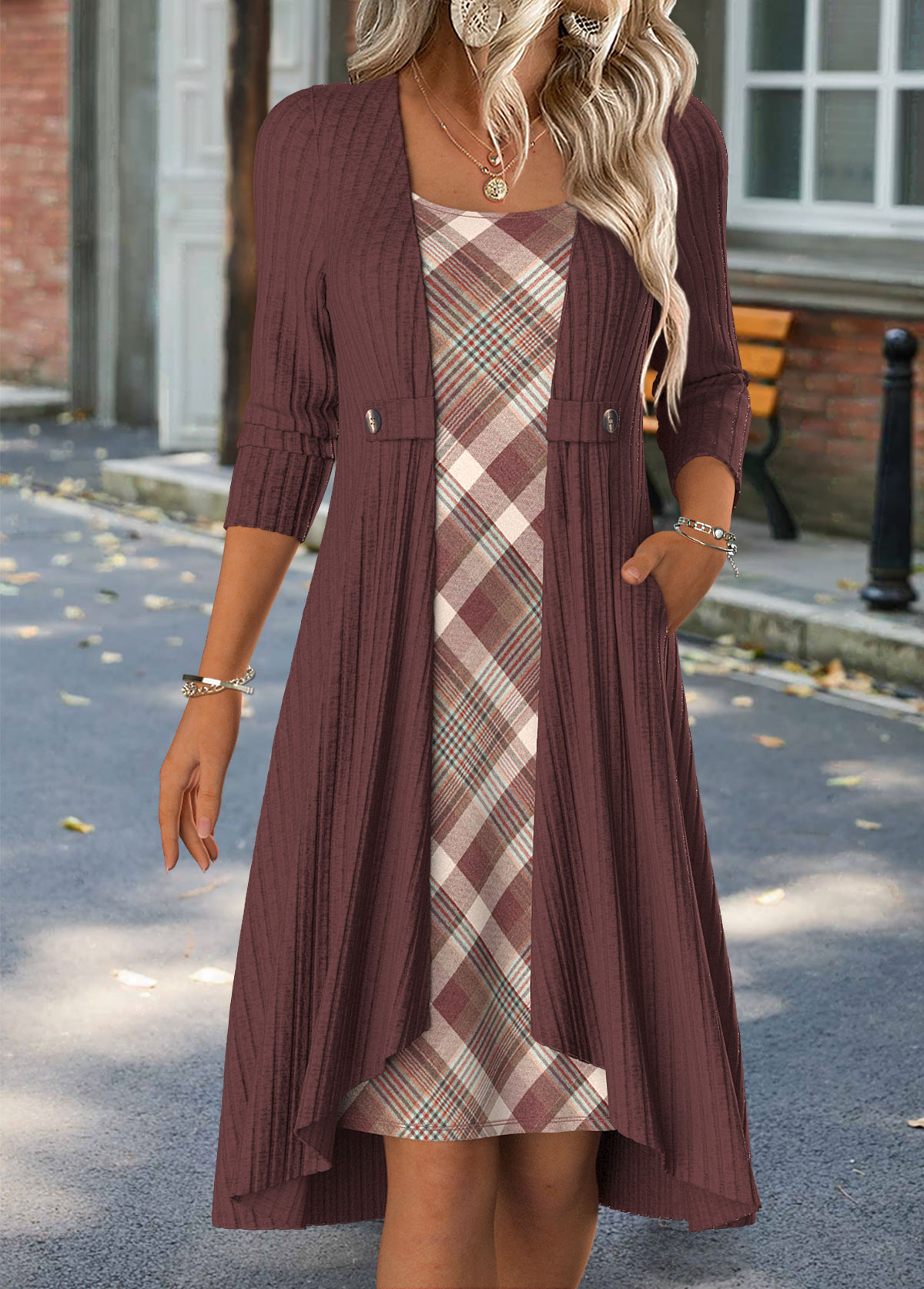 Deep Red Tummy Coverage Plaid Short Long Sleeve Dress | picture 